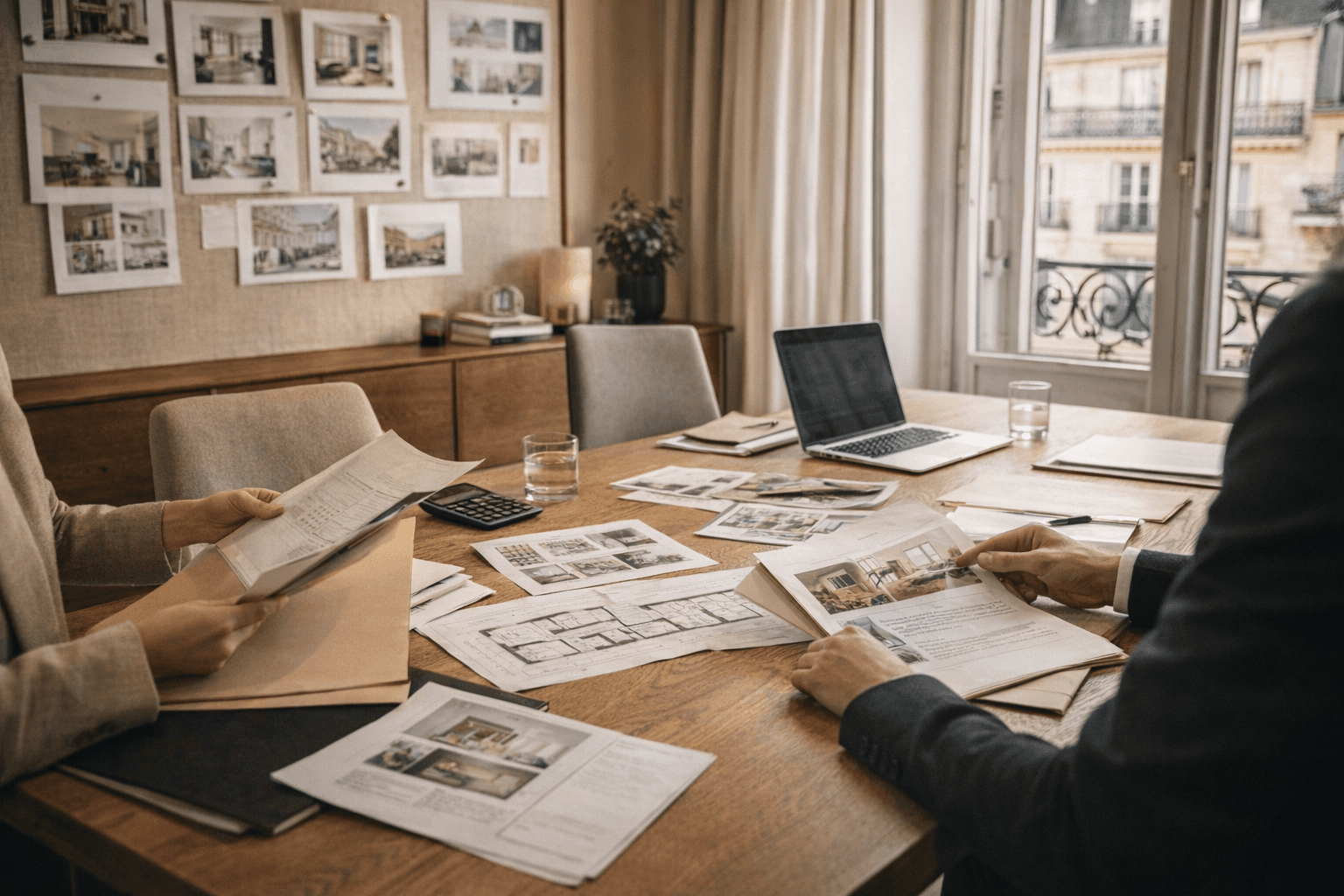 Equipe immobiliere autour d'une table avec dossiers et plans