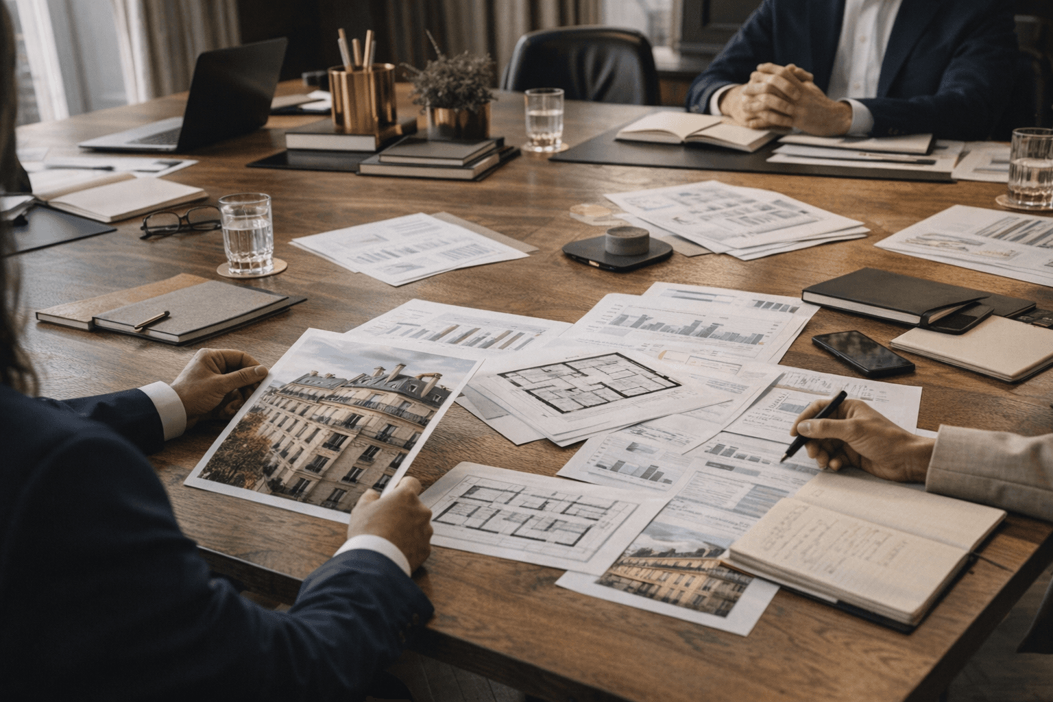 Comite de decision immobiliere avec plans et dossiers sur une table
