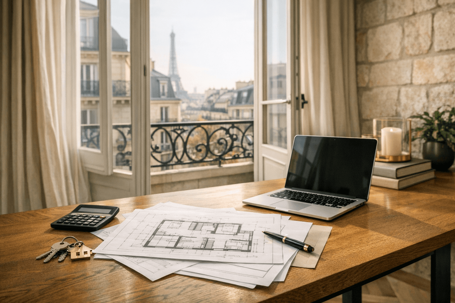 Interieur d'appartement avec plans et outils d'analyse immobiliere