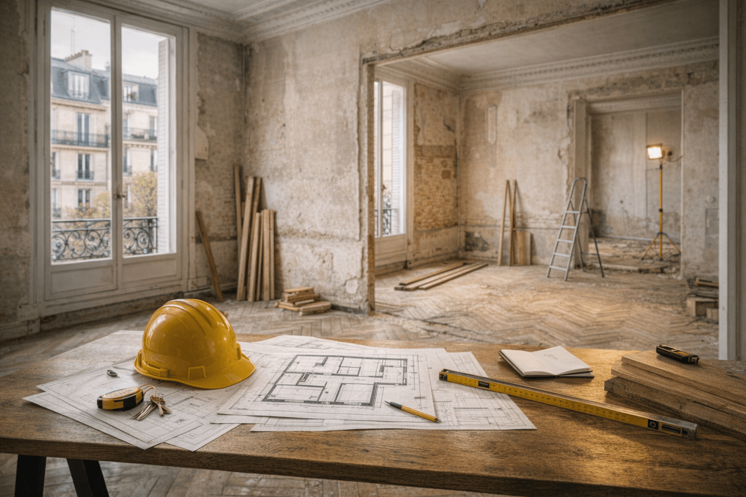 Plans d'architecture posés dans un logement en cours de rénovation