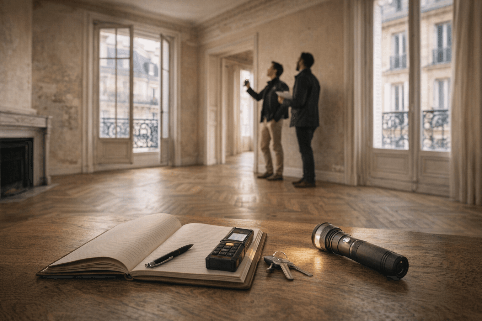 Visite d'un bien ancien avec outils d'inspection et carnet