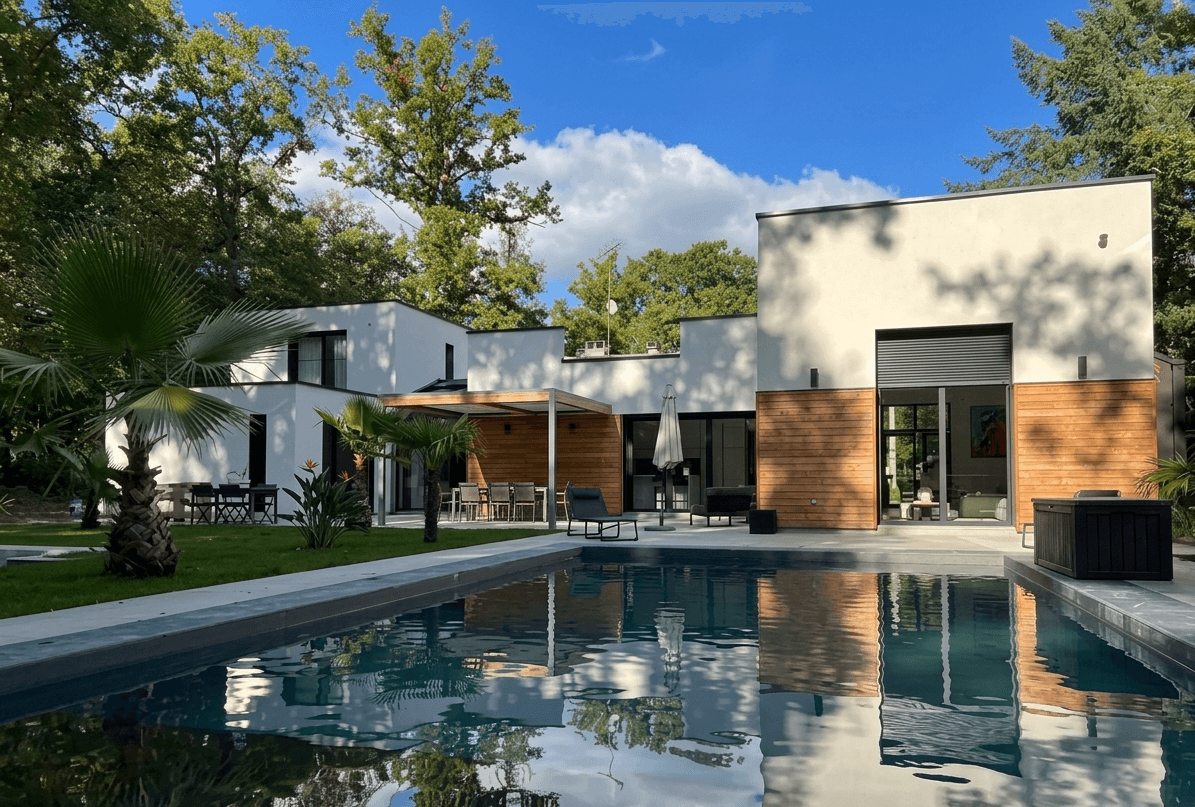 Maison contemporaine avec piscine et jardin, exemple de bien immobilier analysé par Aurimmo