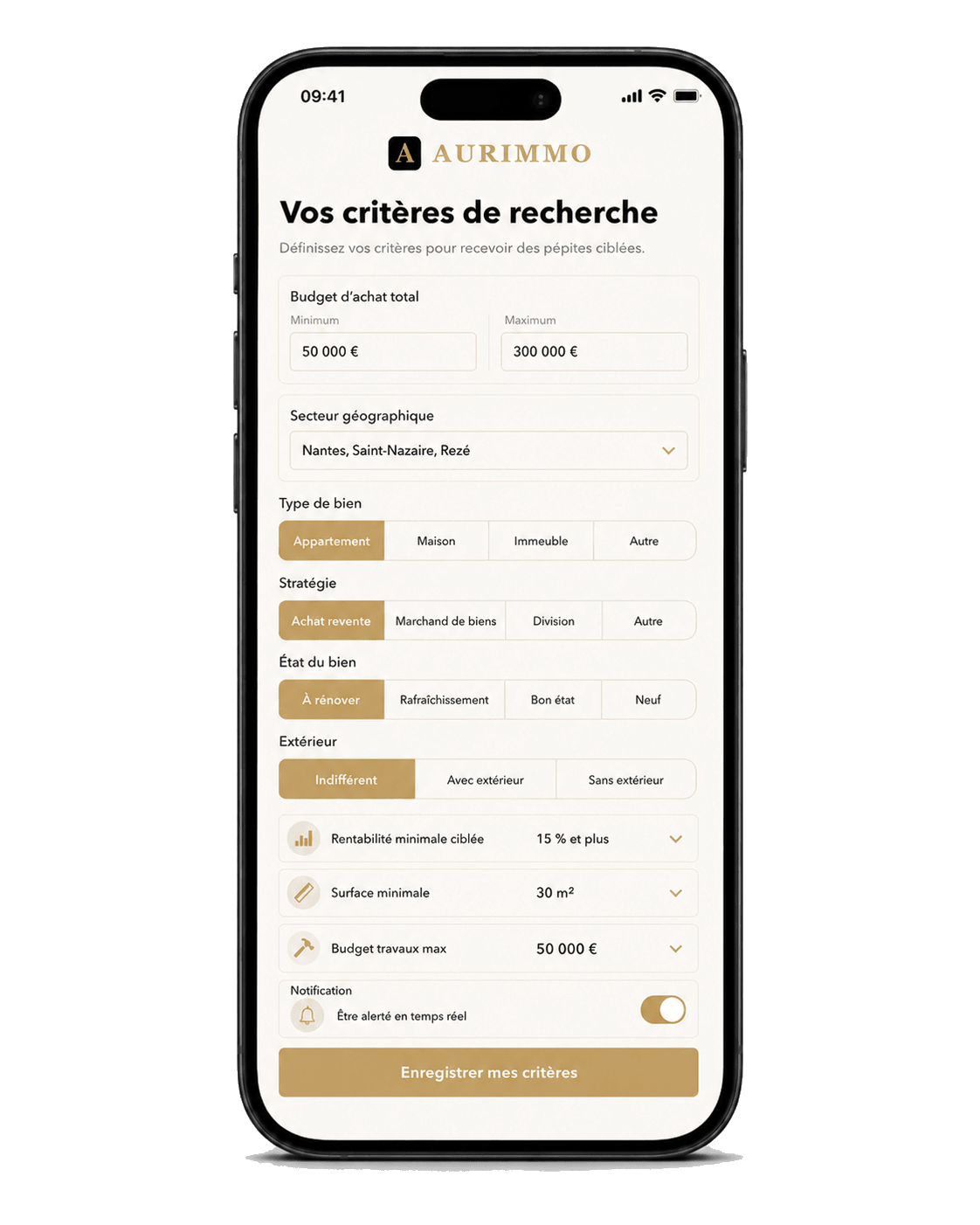 Interface de critères de recherche pour recevoir des pépites ciblées.