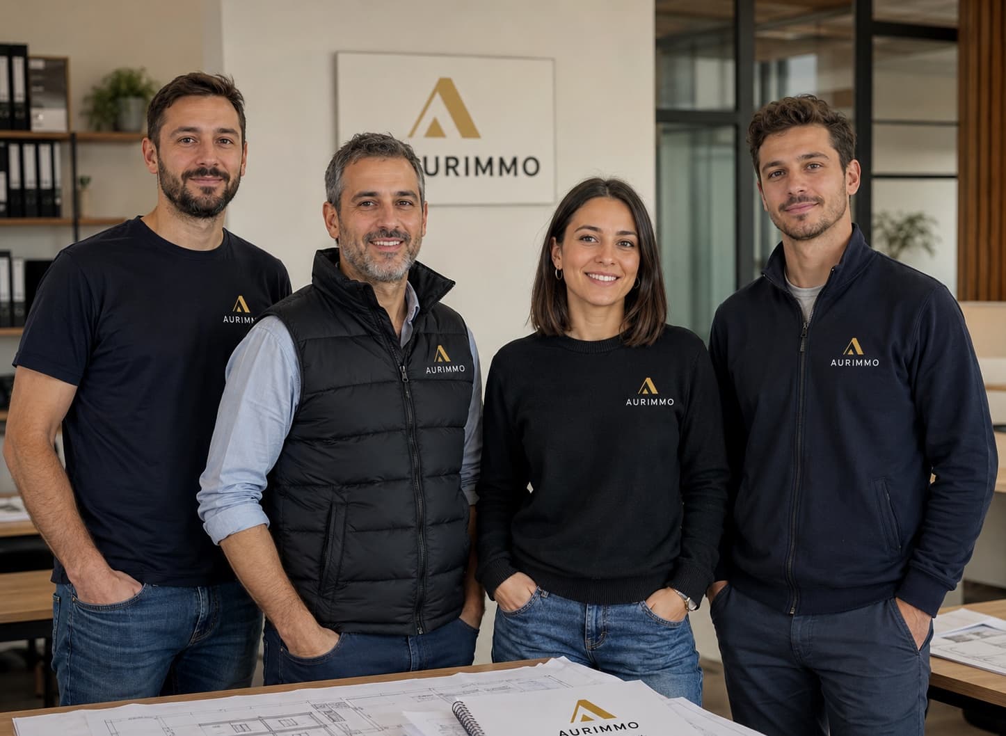 Quatre membres de l'équipe Aurimmo réunis autour de plans de construction