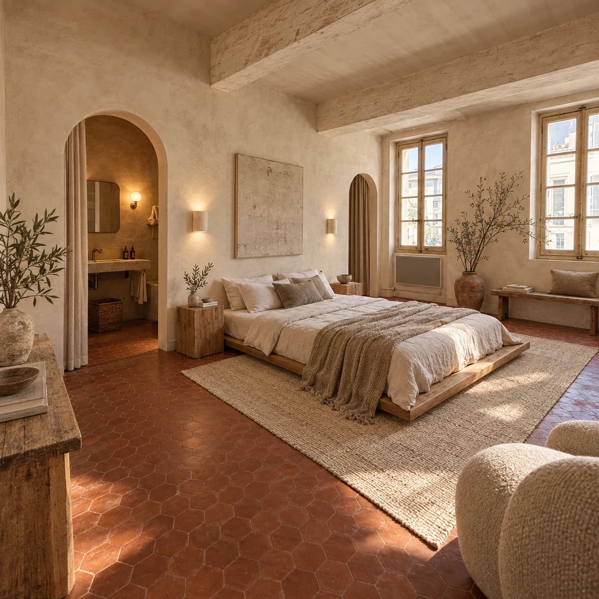 La même chambre redécorée dans des tons naturels, avec ses arches, fenêtres et tomettes conservées.