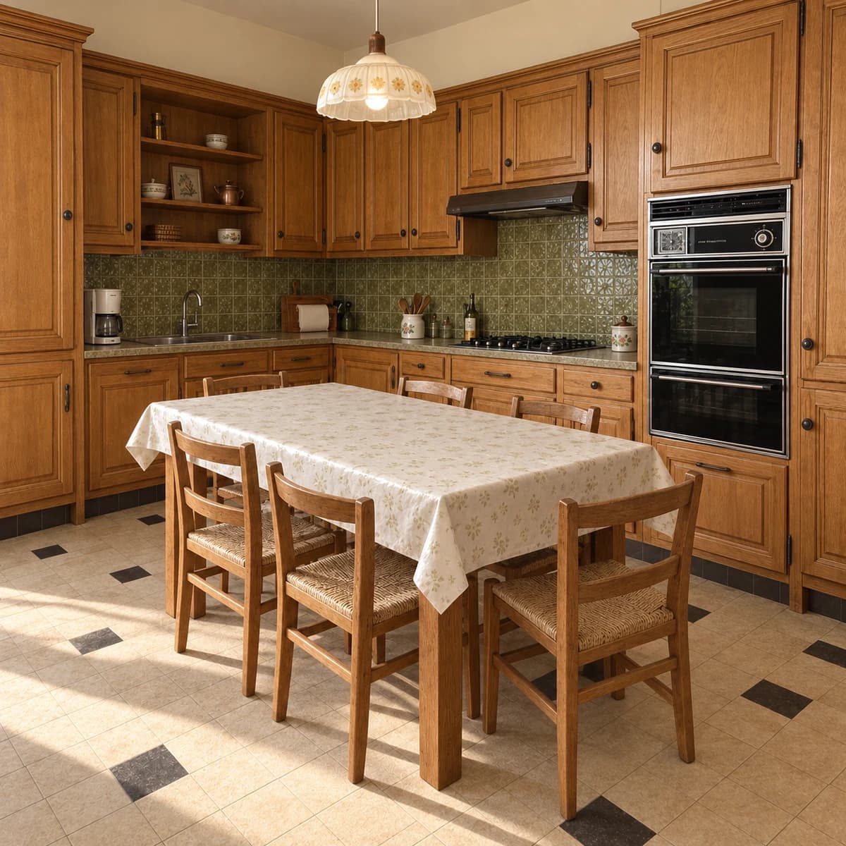 Cuisine avant relooking, avec meubles en bois et décoration ancienne.