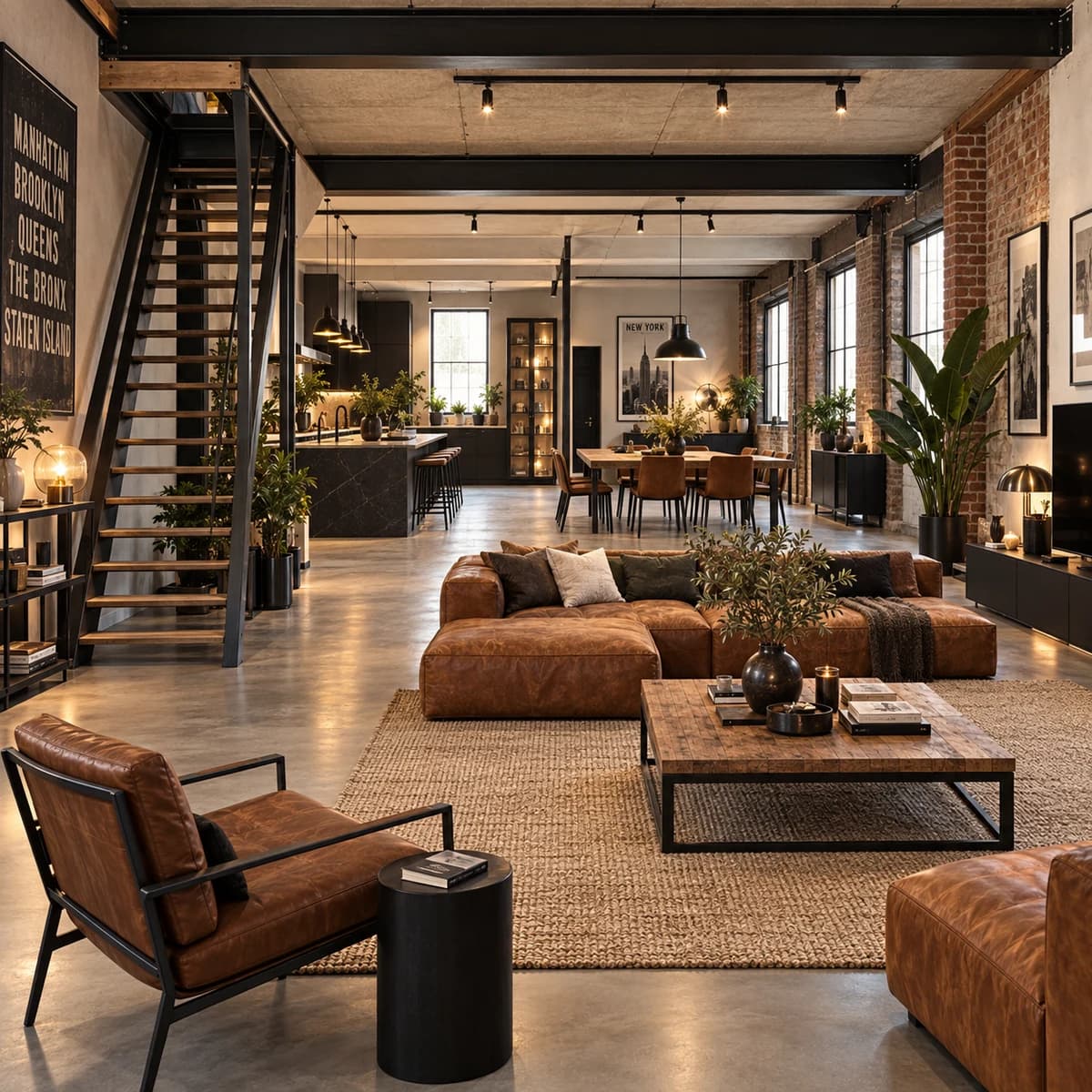 Le même loft aménagé avec un salon en cuir, une cuisine et un espace repas.