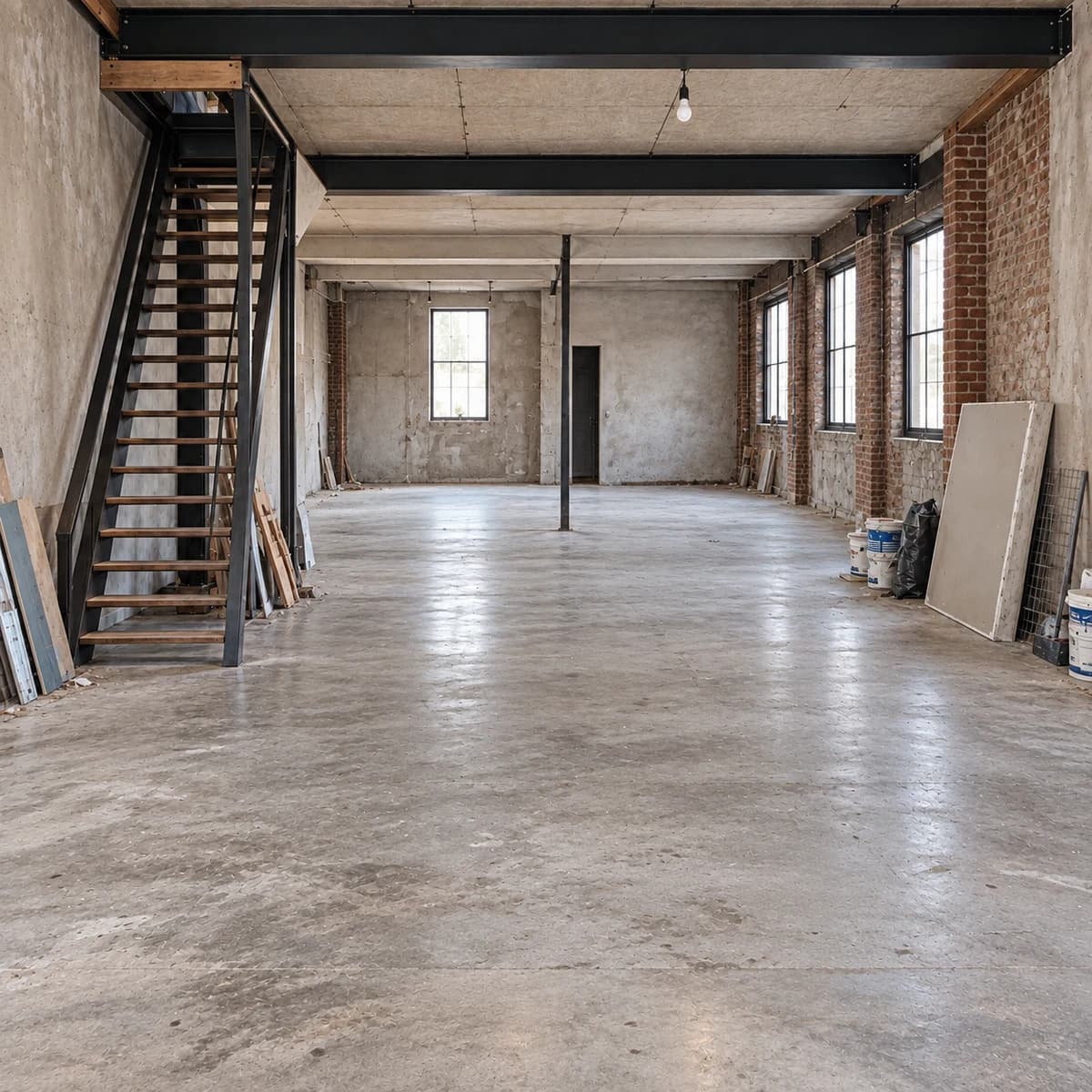 Loft vide avant aménagement, avec escalier et poutres métalliques apparentes.
