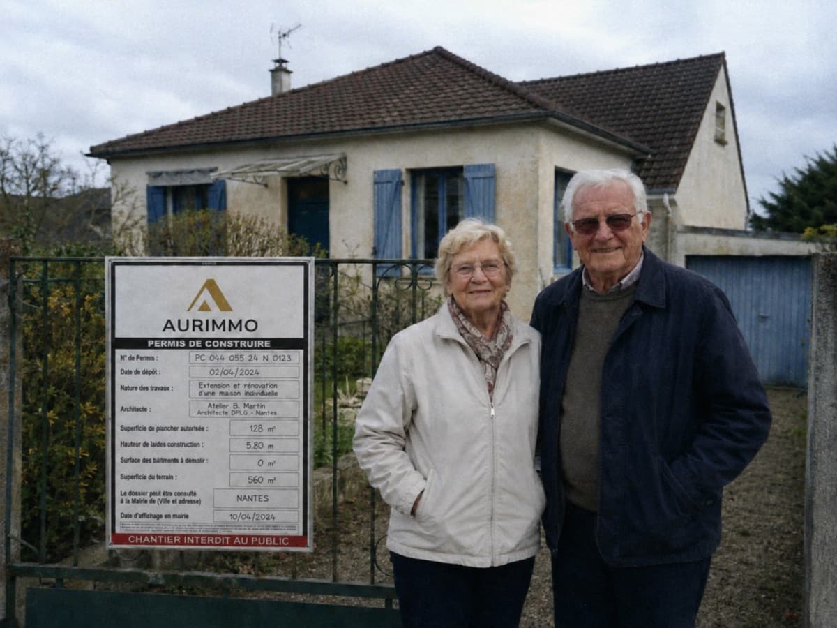 Anne-Marie et Rolland devant leur maison avec leur panneau de permis de construire Aurimmo