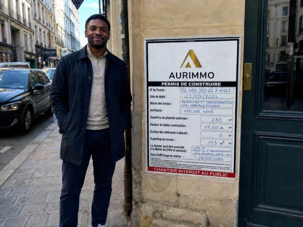 Samuel à côté de son panneau de permis de construire Aurimmo